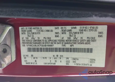 2016 Ford Escape Titanium z USA, uszkodzony, nr VIN 1FMCU9JX7GUB16697